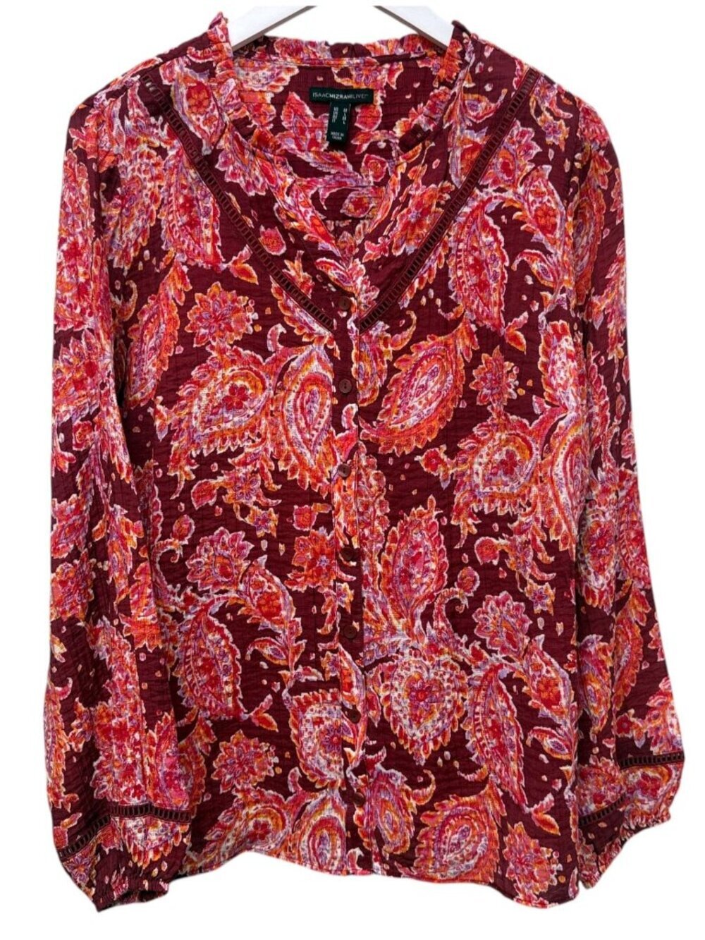 Isaac Mizrahi Live Paisley Blouse Size Medium Womens Top Red Button Front Boho